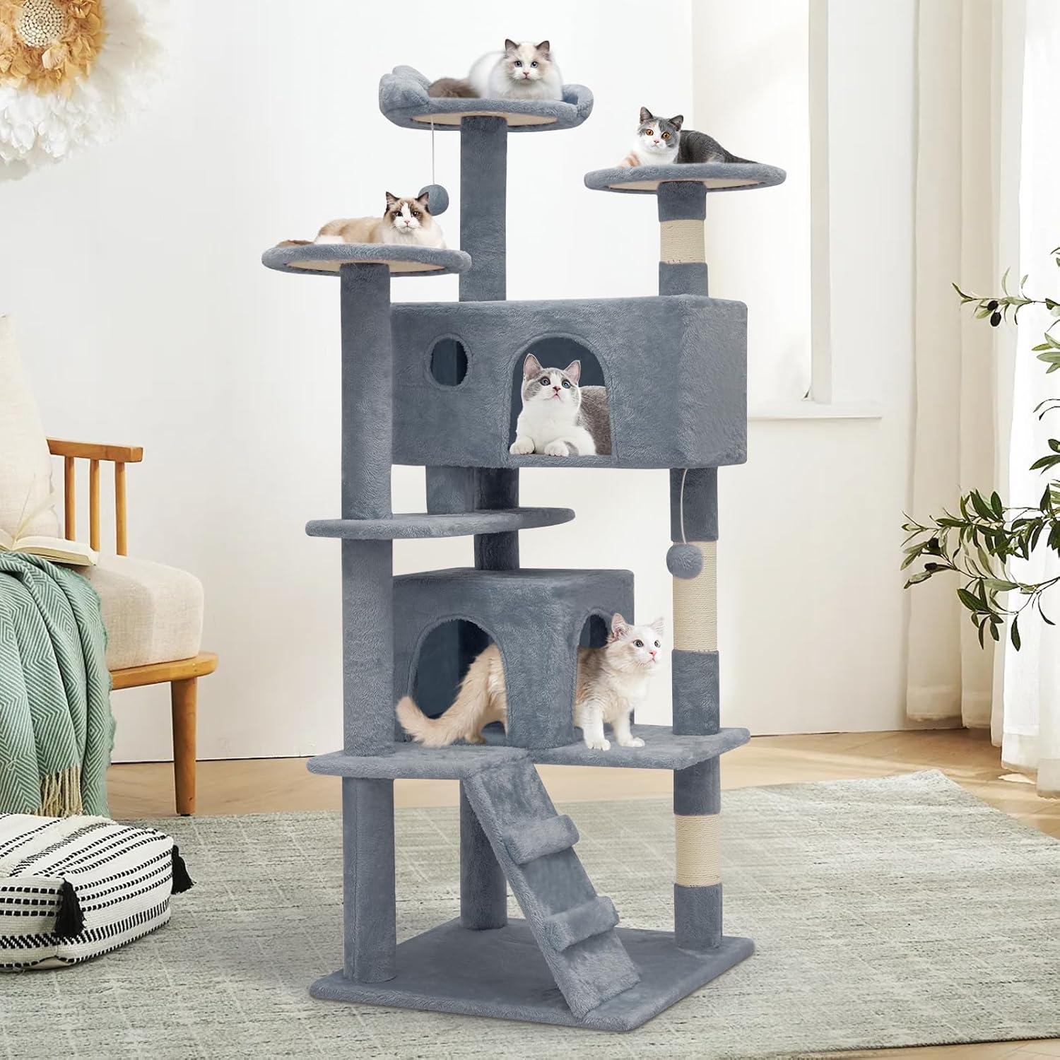 MoNiBloom 54.5" Multi-Level Cat Tree Condo Cat Tower with Scratching Posts & Plush Perch, Light Gray