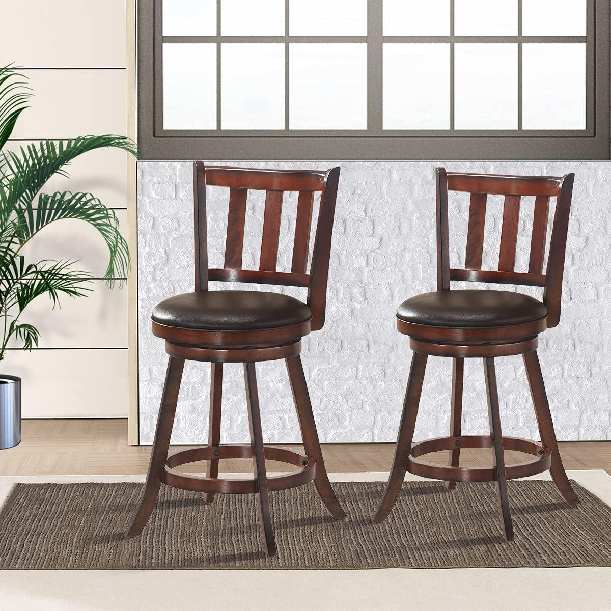 Brown Wood and Leather Swivel Bar Stools, 25'' Set of 2