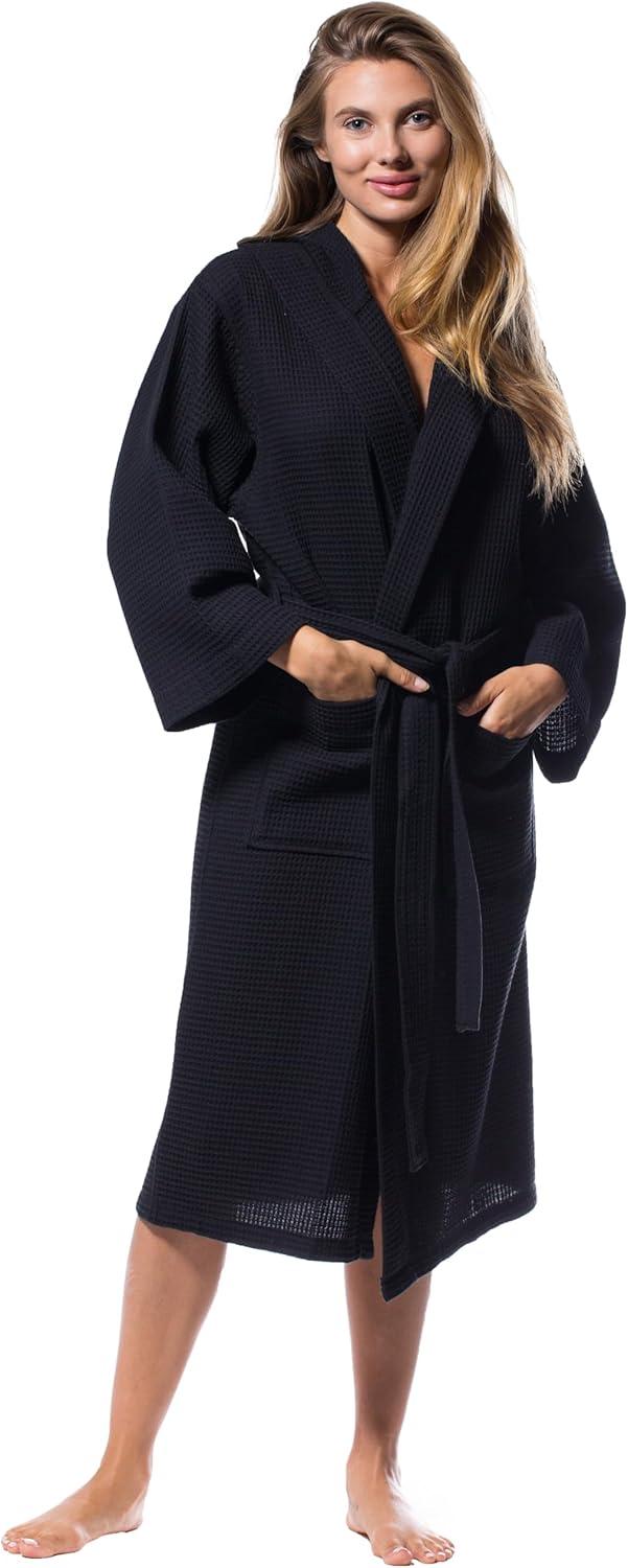 Turquaz Linen Lightweight Long Waffle Kimono Unisex Spa Robe (One Size, Black)