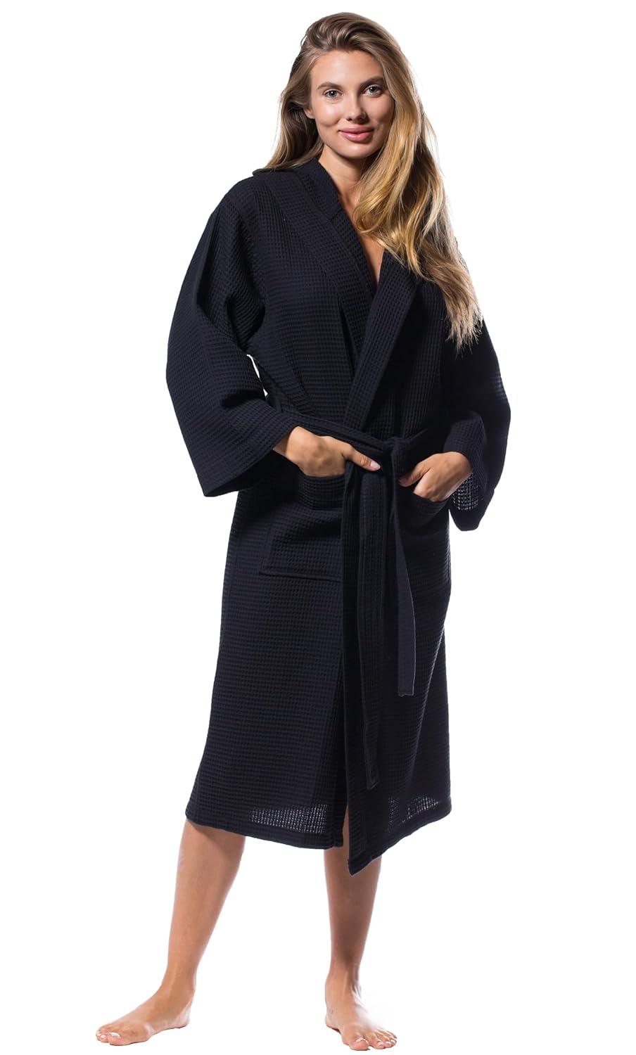 Turquaz Linen Lightweight Long Waffle Kimono Unisex Spa Robe (One Size, Black)