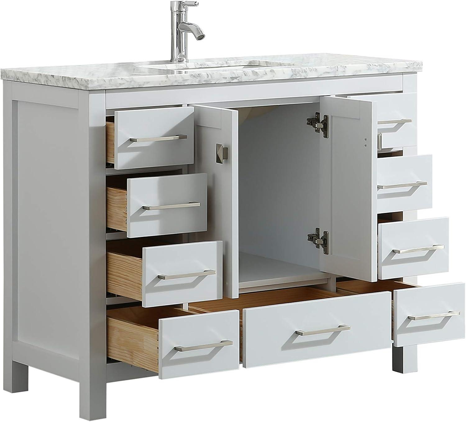 Eviva London 42"W x 18"D White Bathroom Vanity with White Carrara Quartz Countertop and Undermount Porcelain Sink