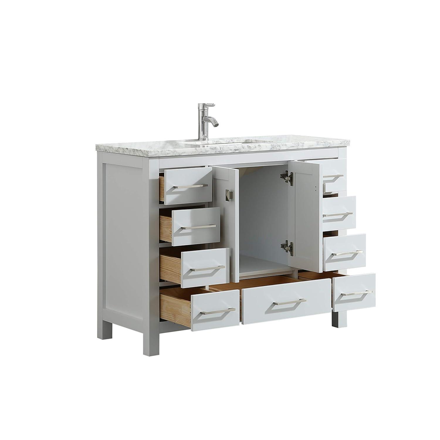 Eviva London 42"W x 18"D White Bathroom Vanity with White Carrara Quartz Countertop and Undermount Porcelain Sink