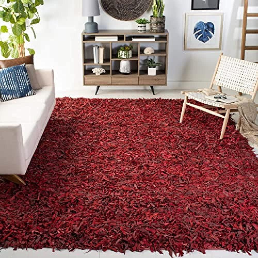 Red Hand-Knotted Leather Shag Rug with Cotton Backing, 3' x 5'