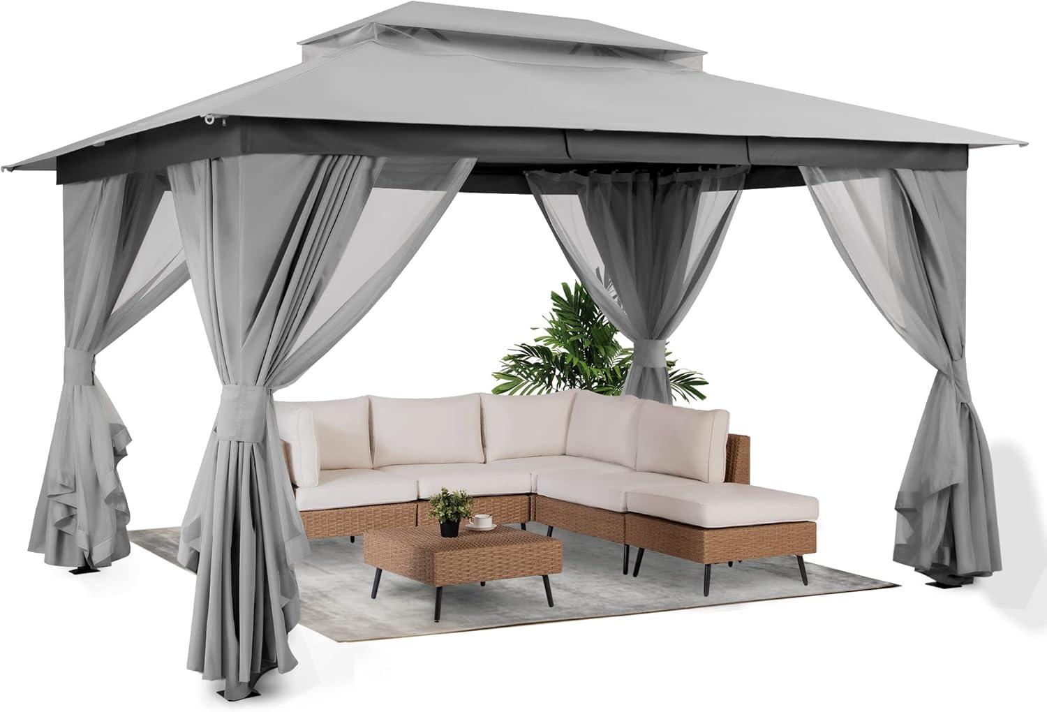 LAUSAINT HOME 10'x13' Patio Gazebo, Double Roof Outdoor Shelter Tent with Mosquito Nettings and Privacy Screens, Gray