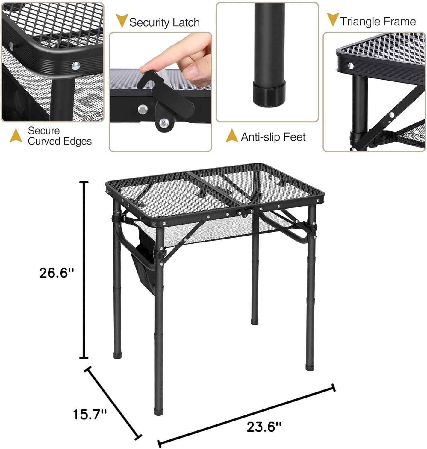 Black Adjustable Aluminum Folding Grill Table with Iron Mesh Top