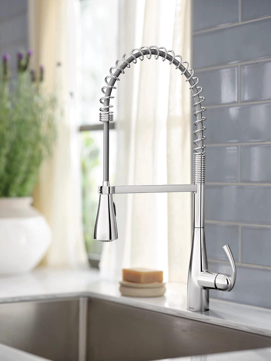 Moen Essie Pre-Rinse Spring Pull Down Single Handle Kitchen Faucet with Power Clean Technology and Soap Dispenser