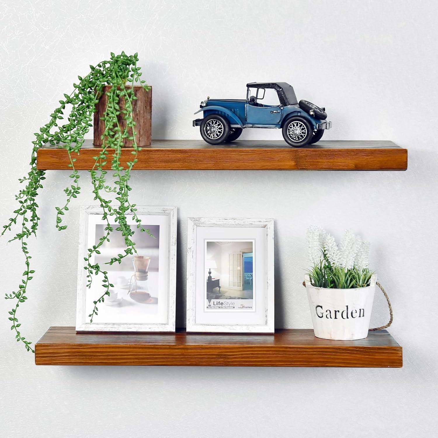 WELLAND Bradley Handmade Wood Floating Shelves Rustic Wall-Mounted Shelves, Set of 2, Walnut Finish