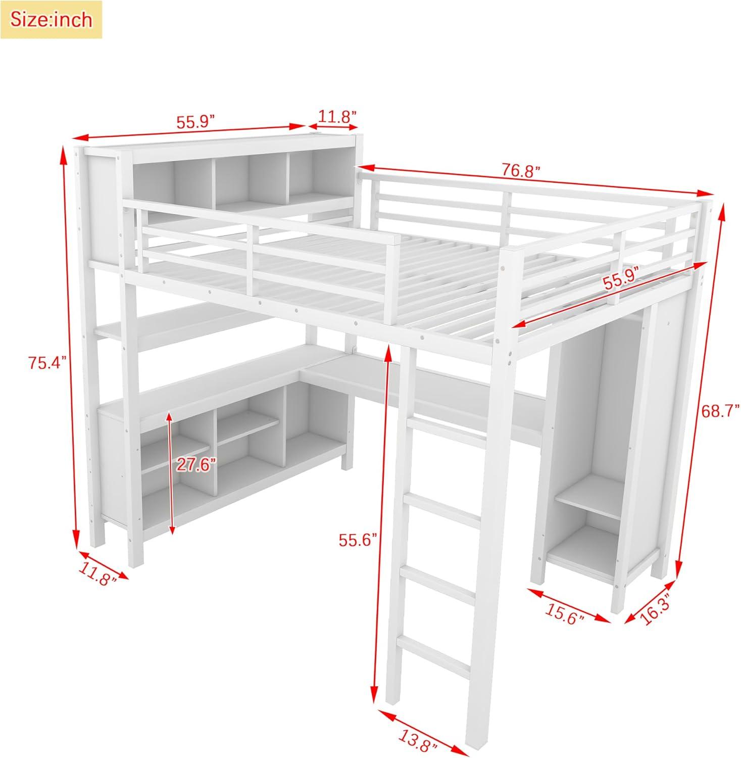 Full Size Metal Loft Bed with Wardrobe and L-Shaped Desk, Heavy-Duty Loft Bed with Storage Cubes and Shelves, White - ModernLuxe