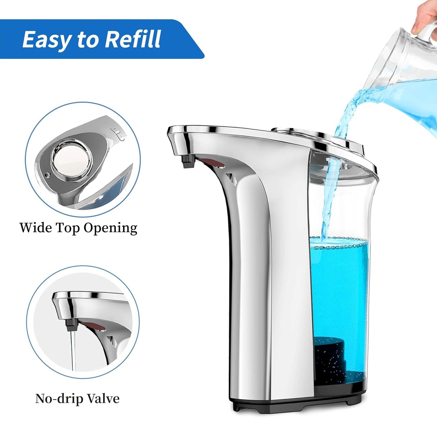 FKWin Automatic Soap Dispenser, Touchless Hand Soap Dispensers 17oz/500ml with 5 Adjustable Soap Levels, Kitchen Soap Dispensers, Liquid Hand Soap Dispenser Bathroom, Silver