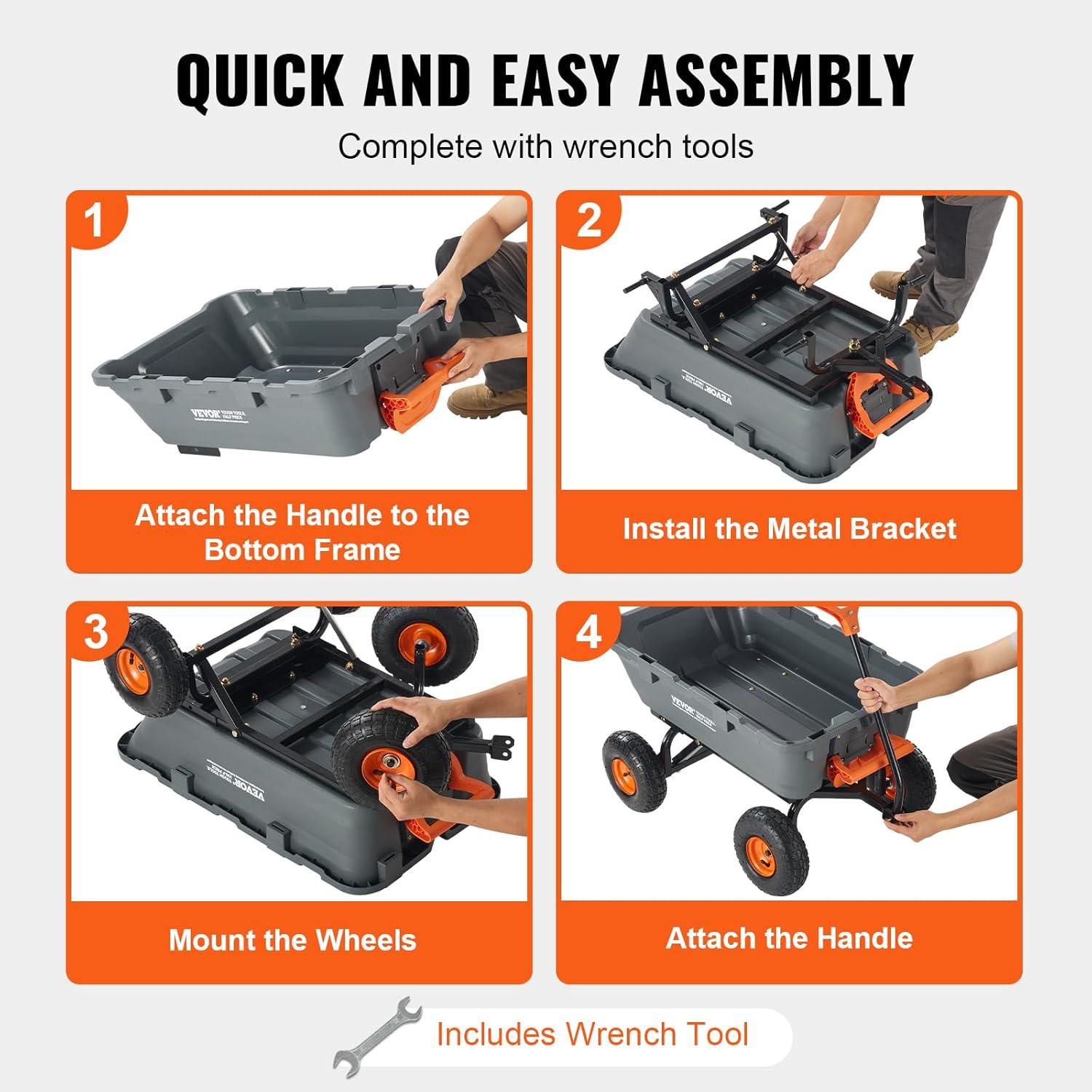 800lbs Poly Garden Dump Cart, Heavy Duty Wheelbarrow Yard Carts Wagons with 10in Tires, 180°Rotating Handle, Steel Frame and Quick Release System