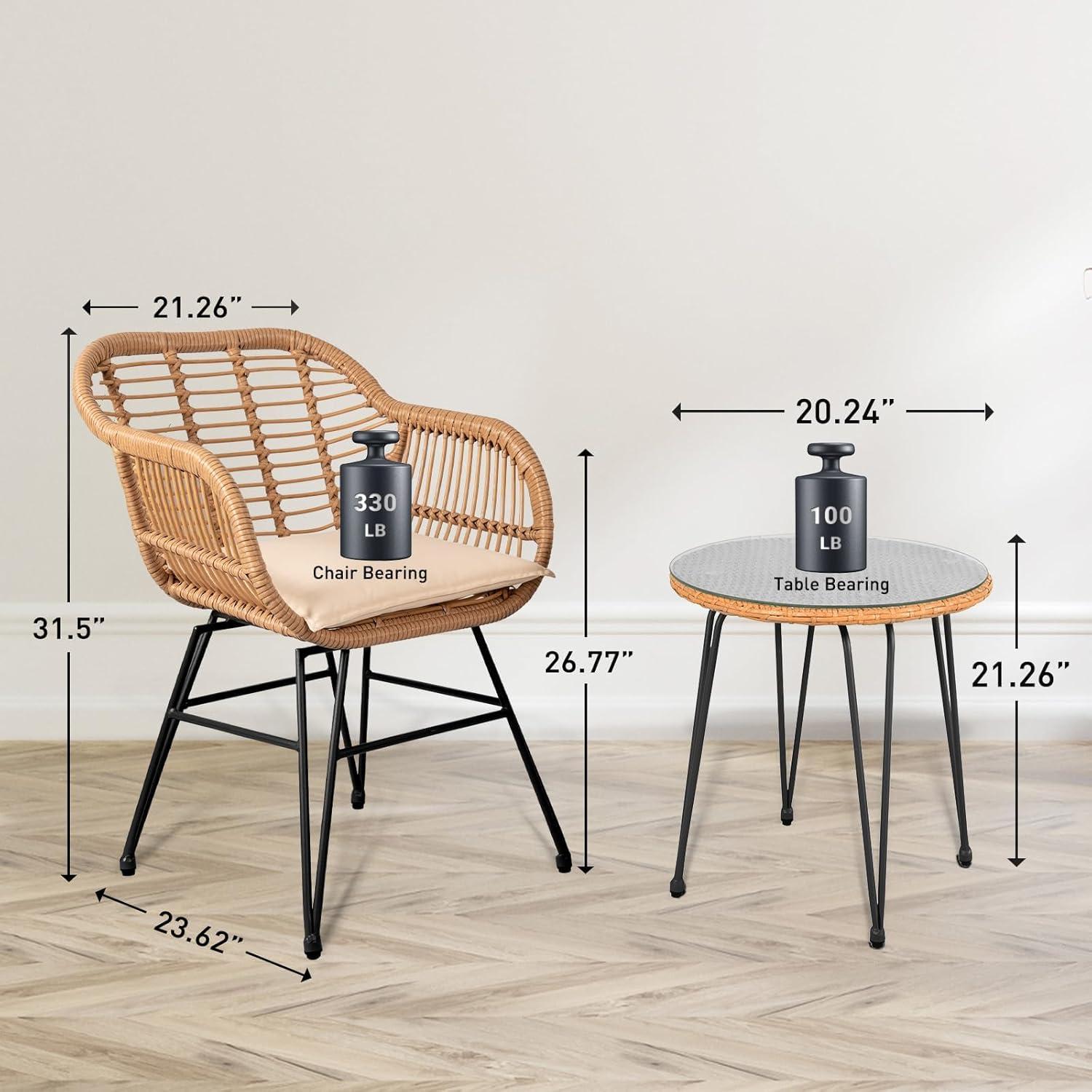 Black Steel and Wicker 3-Piece Patio Bistro Set with Beige Cushions