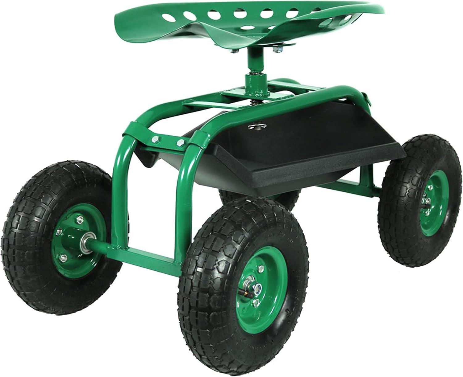 SunnyDaze Decor Steel Rolling Garden Cart Scooter with Swivel Seat and Tool Tray