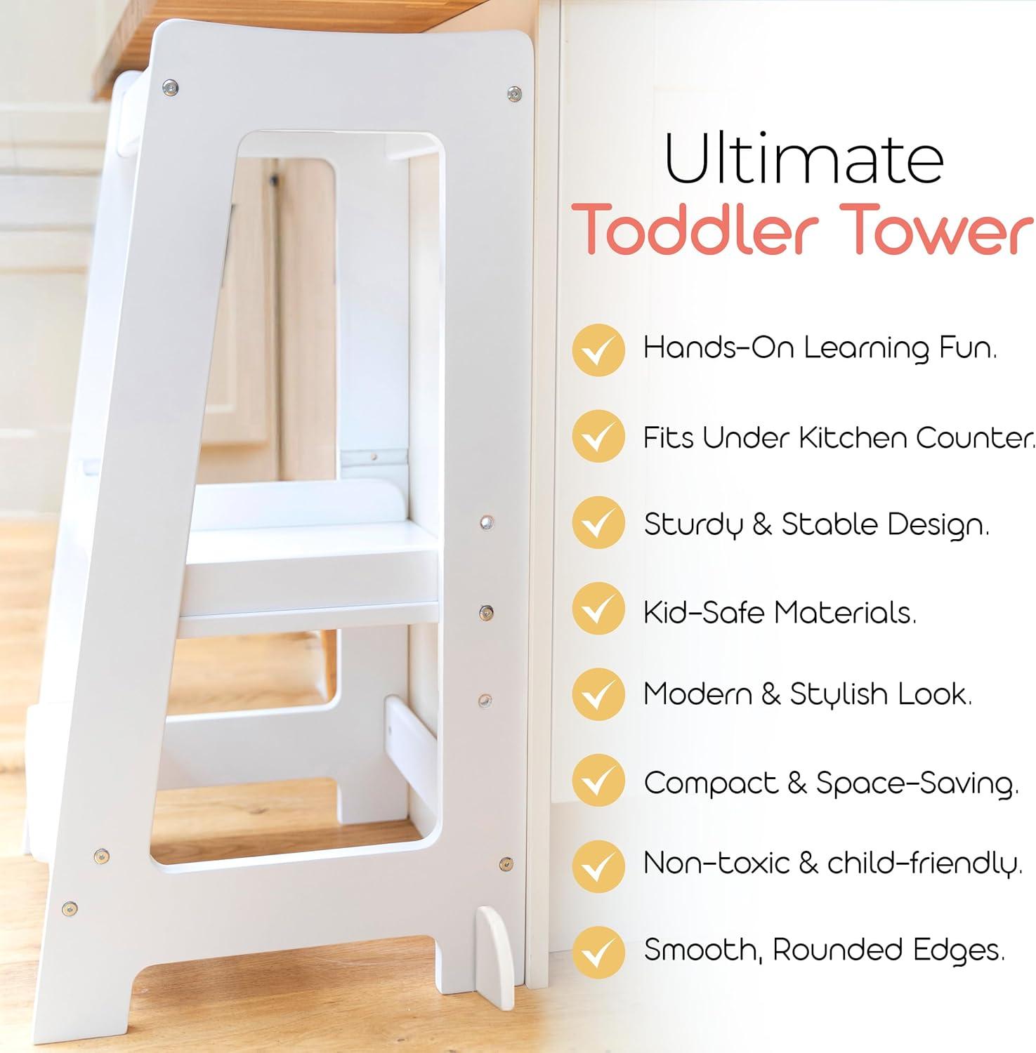 Stepup Baby Toddler Tower with Adjustable Step, White Montessori-Inspired Toddler Step Stool, Standing Tower for Kids, Fits Under Kitchen Counters, Adjustable for 18 Month - 5 Years