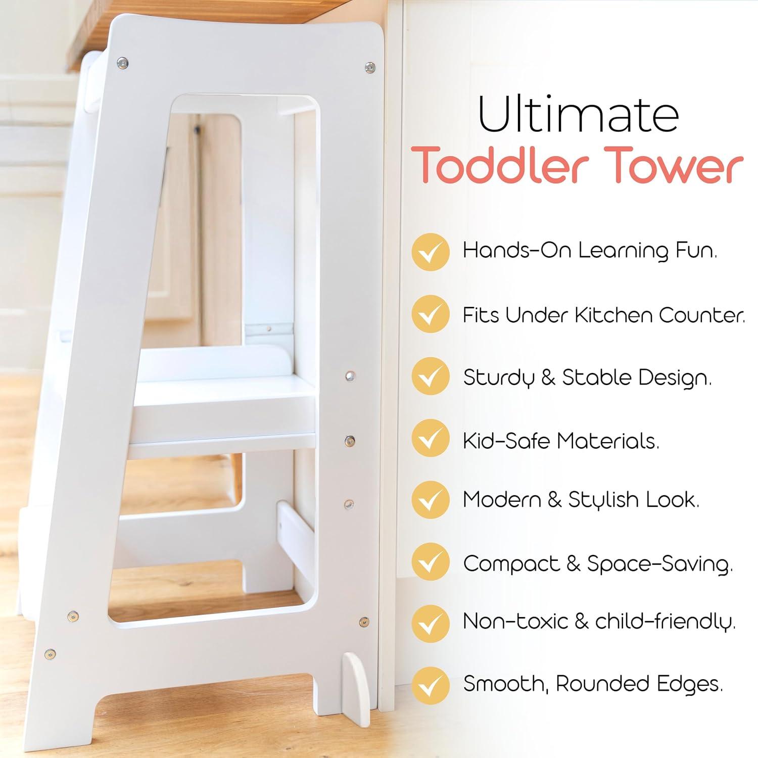 Stepup Baby Toddler Tower with Adjustable Step, White Montessori-Inspired Toddler Step Stool, Standing Tower for Kids, Fits Under Kitchen Counters, Adjustable for 18 Month - 5 Years
