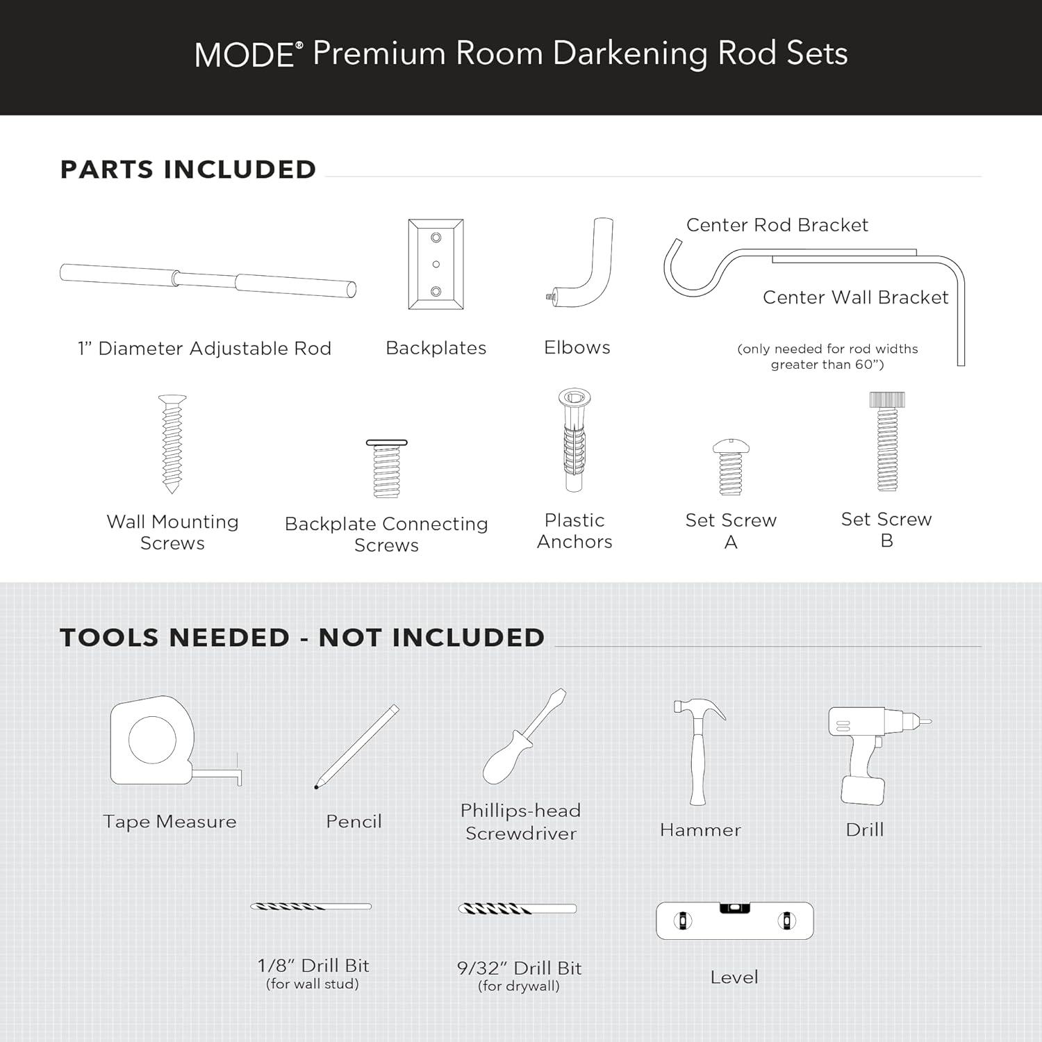 Mode Room Darkening Collection 1 in Diameter Blackout Curtain Rod Set with Steel Wall Mounted Adjustable Rod, Blocks Light, Fits 32 in To 90 in Windows