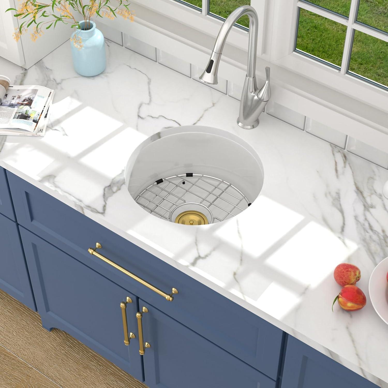 Lordear 18 Inch White Undermount Bar Sink RV 18 x 18 Inch Deep Single Bowl White Small Undermount Bar Prep Sinks Round With Gold Drainer