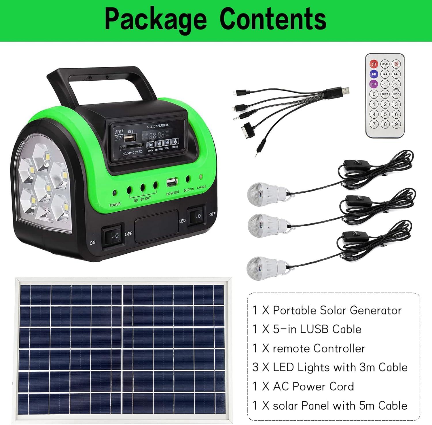 Green Portable Solar Power Station with LED Lights and USB Outlets