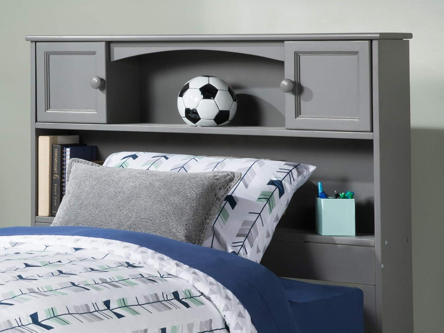 Gray Twin Wood Bookcase Headboard with Storage