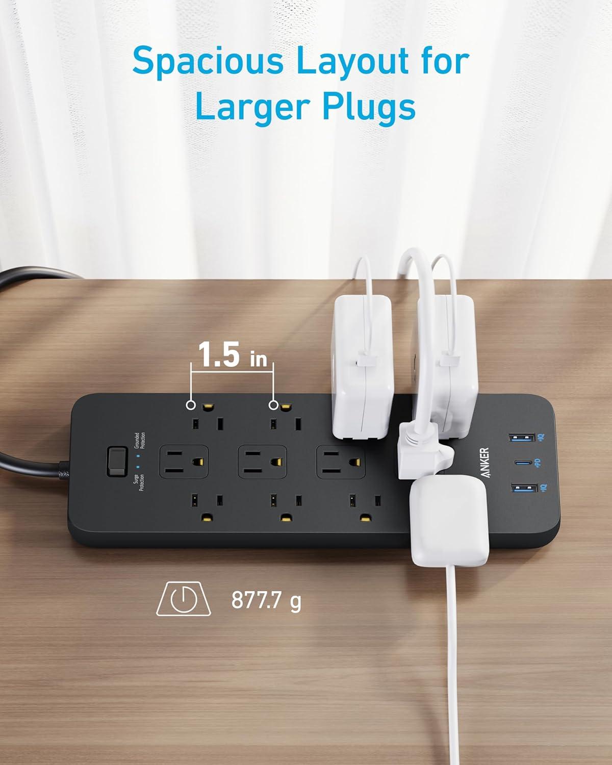 Black 12-Outlet Power Strip with USB Ports and Surge Protection