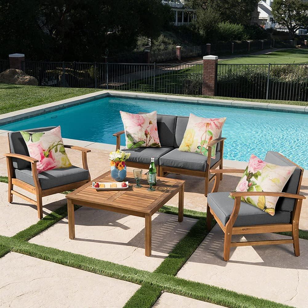 Artscope Set of 4 Waterproof Throw Pillow Covers 18x18 Inches, Pink Roses and Butterfly Pattern Decorative Cushion Covers, Perfect to Outdoor Patio Garden Living Room Sofa Farmhouse Decor