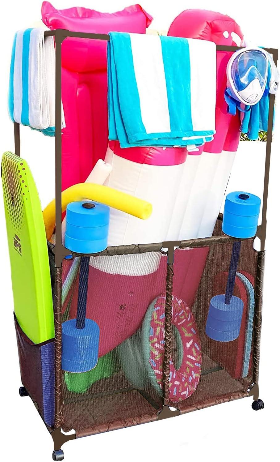 Essentially Yours Pool Equipment Holder with Towel Drying Bars, Mesh Rolling Double Decker Multi Use Storage Organizer Bin, Extra Large with Towel Hanger, (34.5" W x 25" L x 62.6" H), Brown Style 4185