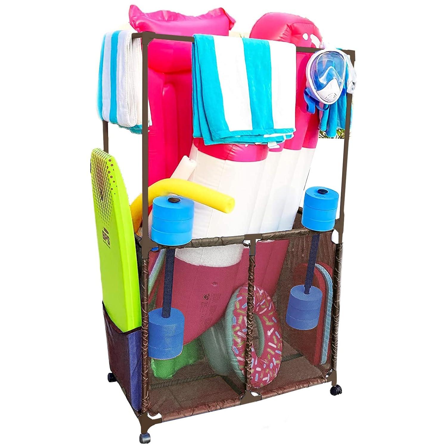 Essentially Yours Pool Equipment Holder with Towel Drying Bars, Mesh Rolling Double Decker Multi Use Storage Organizer Bin, Extra Large with Towel Hanger, (34.5" W x 25" L x 62.6" H), Brown Style 4185