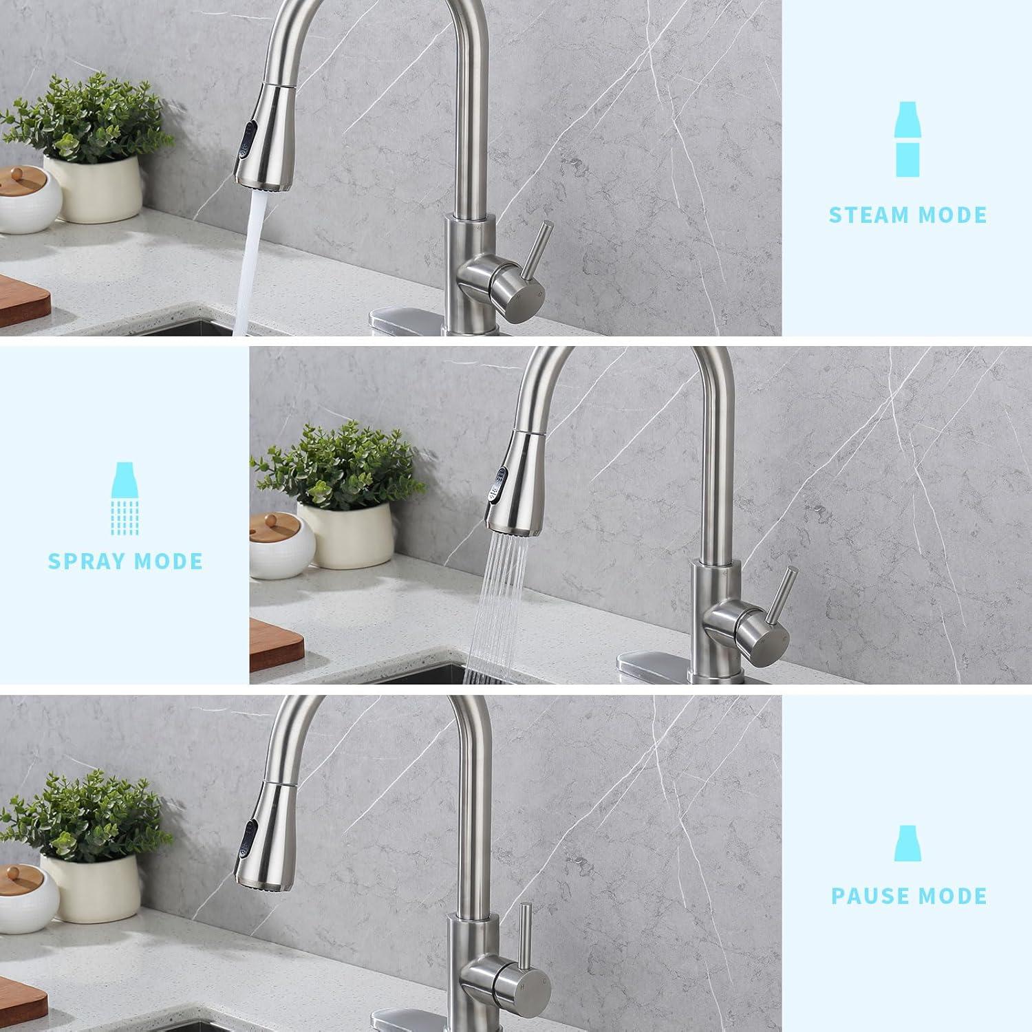 Brushed Nickel Kitchen Sink Faucet with Pull Down Sprayer Single Handle Single Hole Mixer Tap