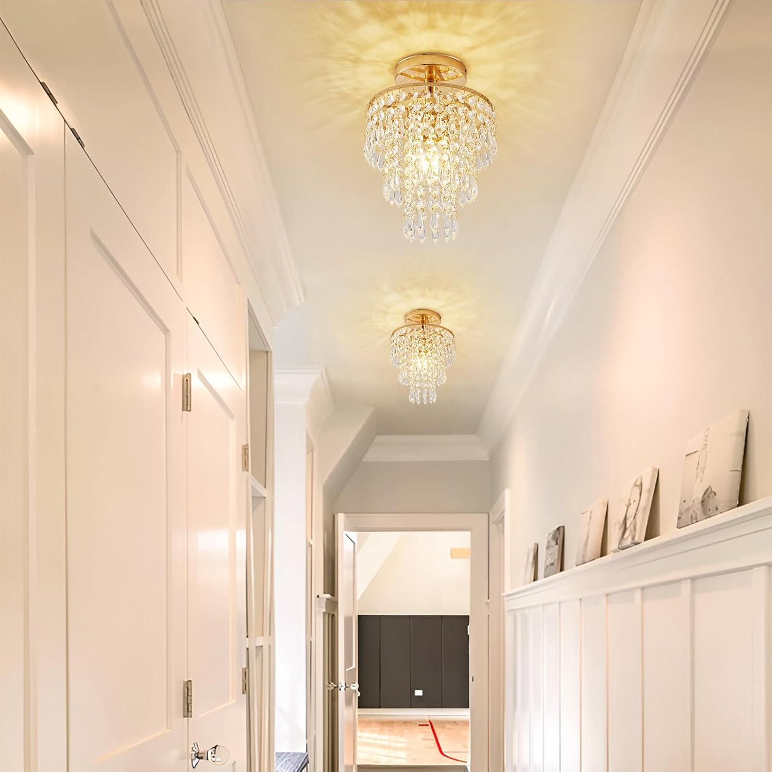 Modern Mini Crystal Chandelier, 3-Tier Raindrops Design Small Chandelier Light Fixture, Flush Mount Ceiling Light Fixture for Bedroom, Hallway, Living Room - E26 Base, Chandelier for Bedroom (Gold)