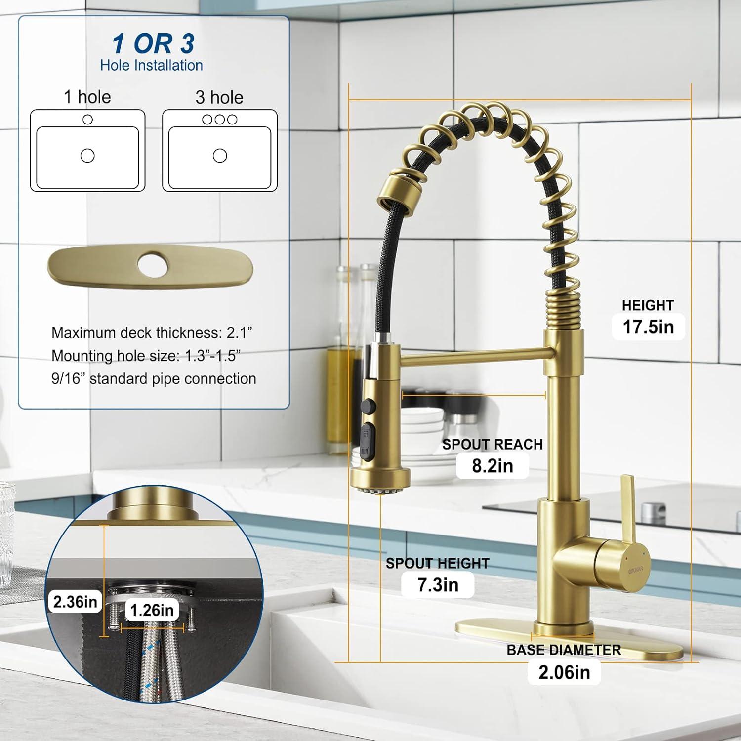 Gold Kitchen Faucet with Pull Down Sprayer, Single Handle Brushed Gold Faucet for Kitchen Sink, Commercial Farmhouse Kitchen Faucet with Deck Plate