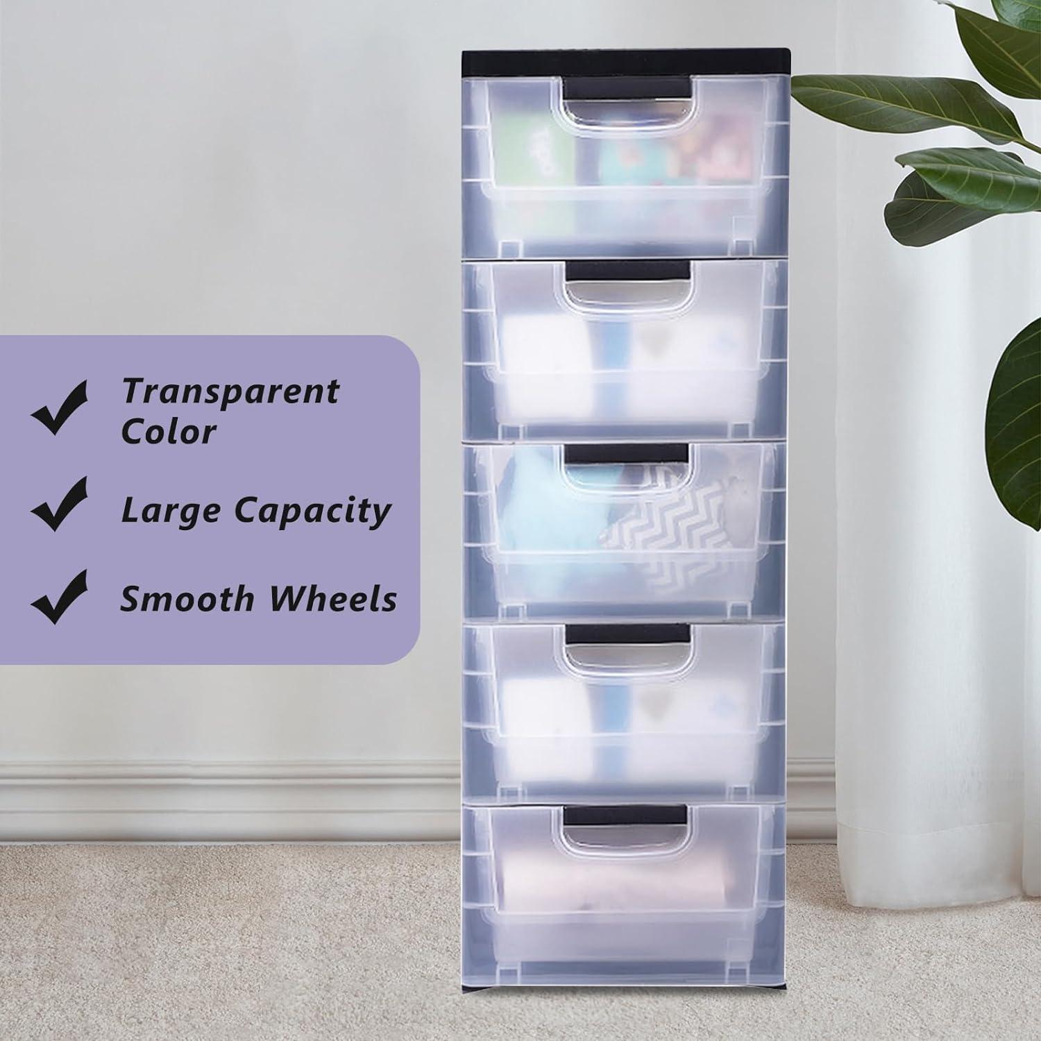 Peakora Plastic drawers dresser with 5 spacious drawers, transparent compartments, sturdy PP material, stackable design, easy to move with wheels, ideal for organizing clothes and accessories