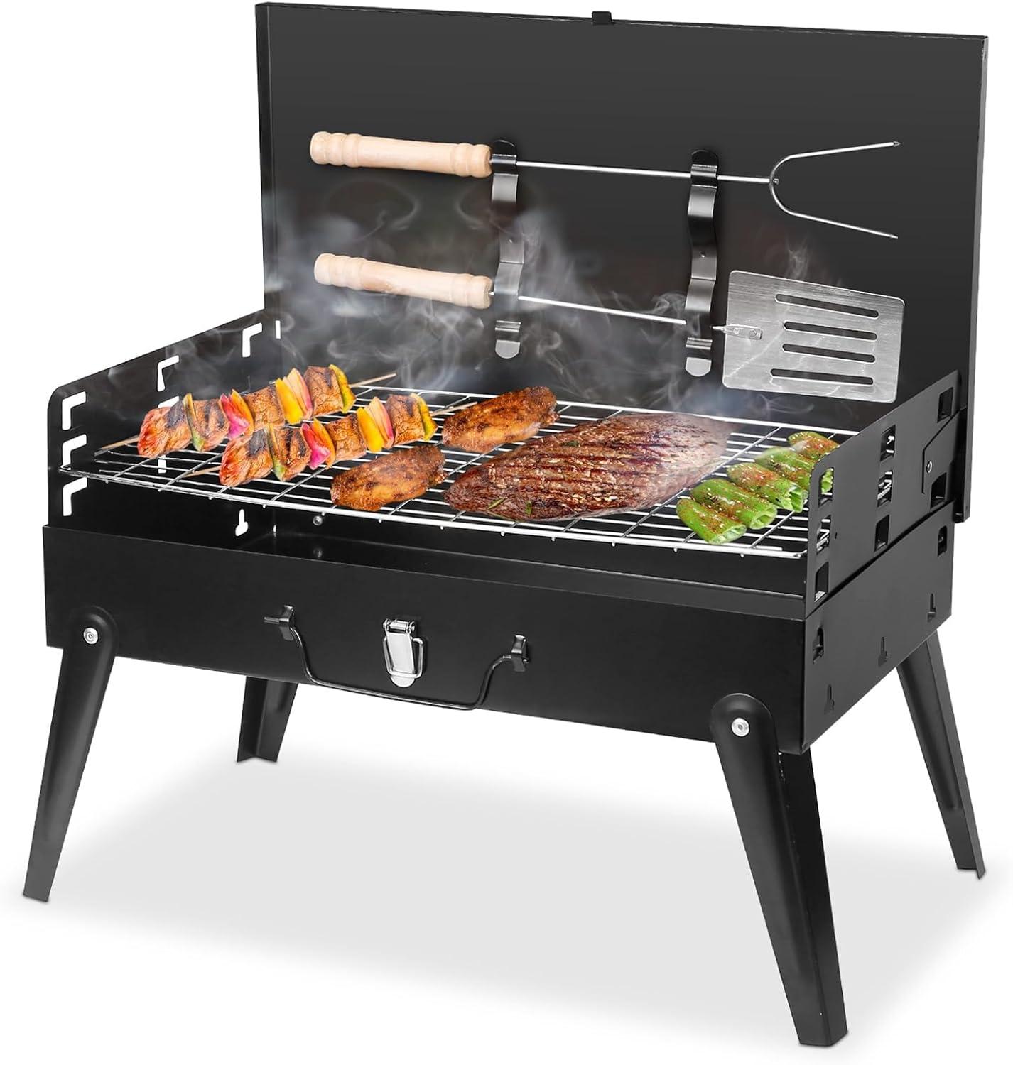 Portable Black Iron Tabletop Charcoal Grill with Lid