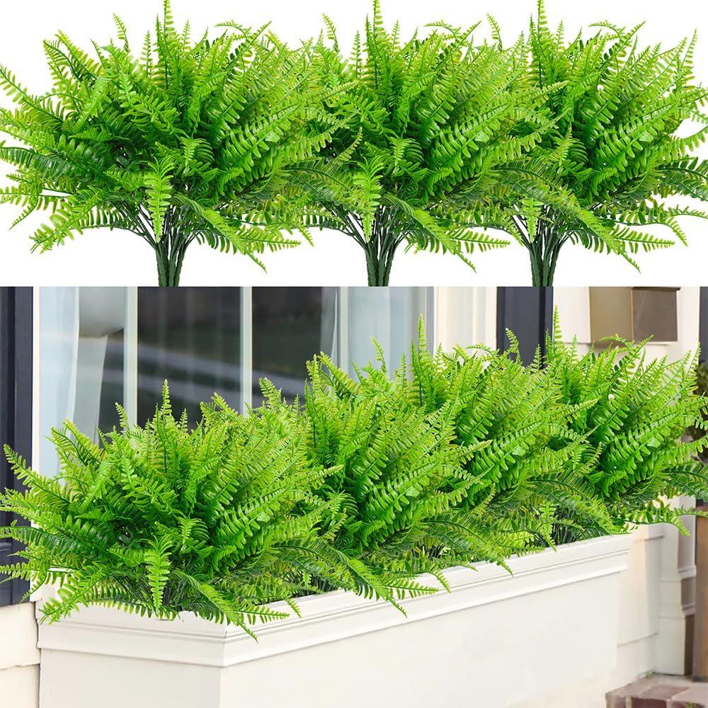 12pcs Artificial Flowers for Outdoor Fake Ferns Artificial Boston Fern Plant Artificial Ferns for Outdoor UV Resistant Plastic Plants (Green)