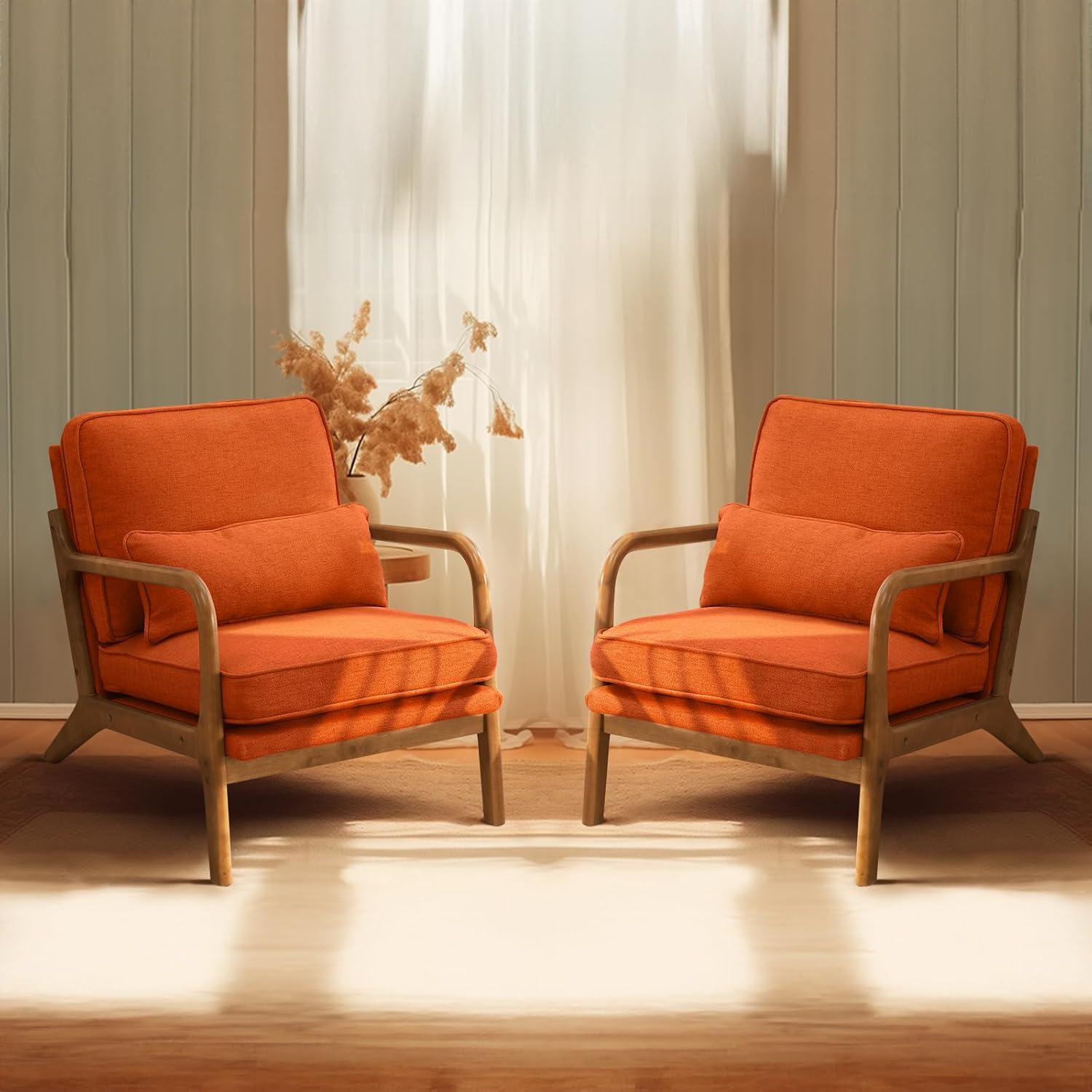 JULY'S SONG Mid-Century Wood Upholstered Fabric Solid Print Armchair, Beige (Set of 2)
