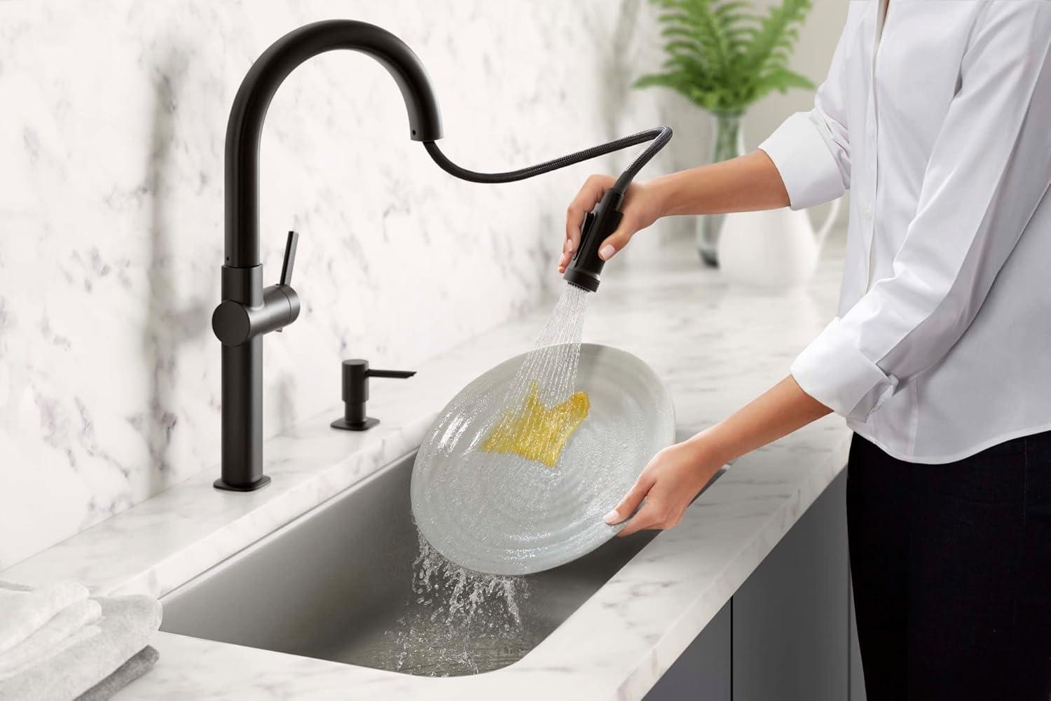 Matte Black Single Handle Pull-Down Kitchen Faucet with Soap Dispenser