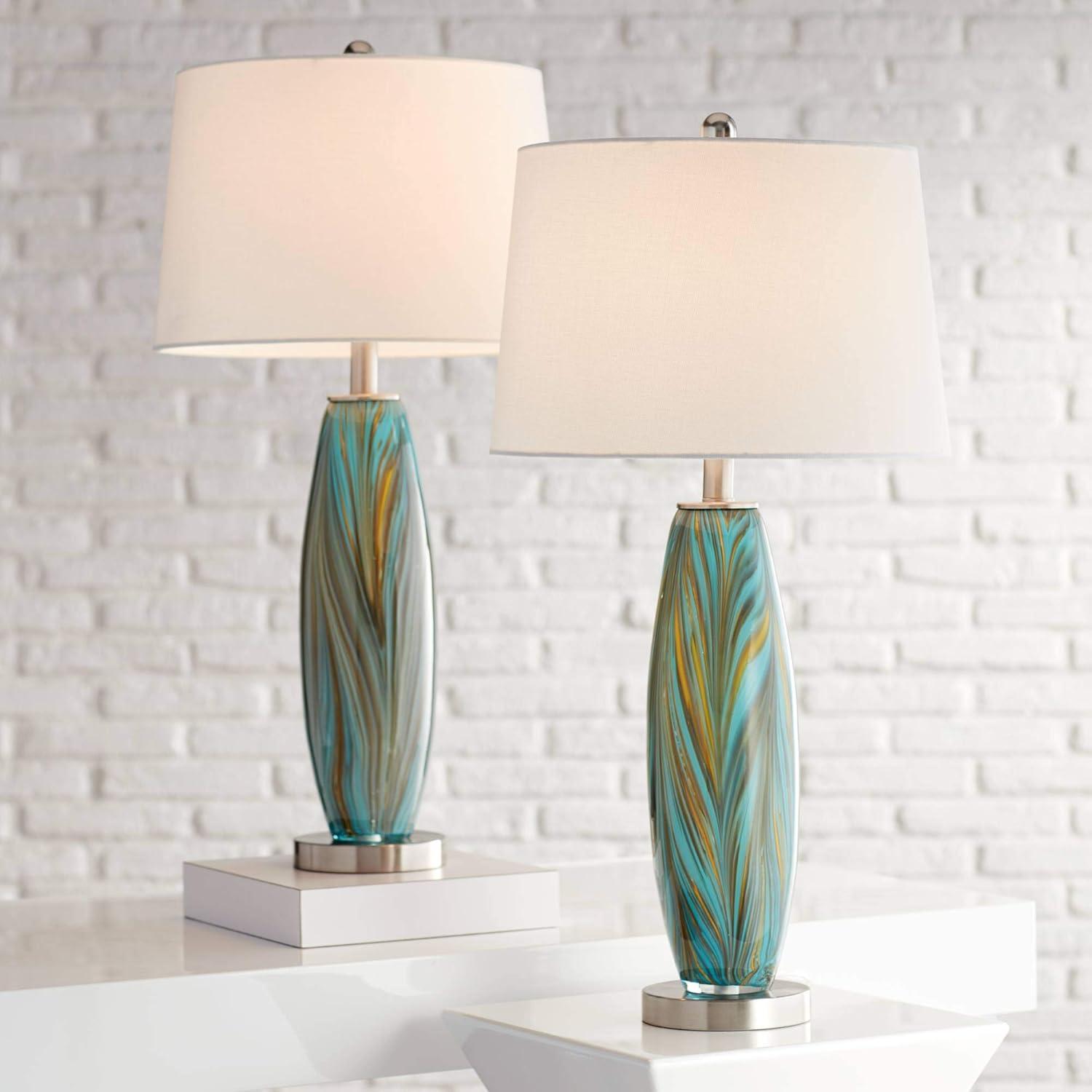 Azure Blue and Brown Art Glass Table Lamp Set with White Fabric Shade