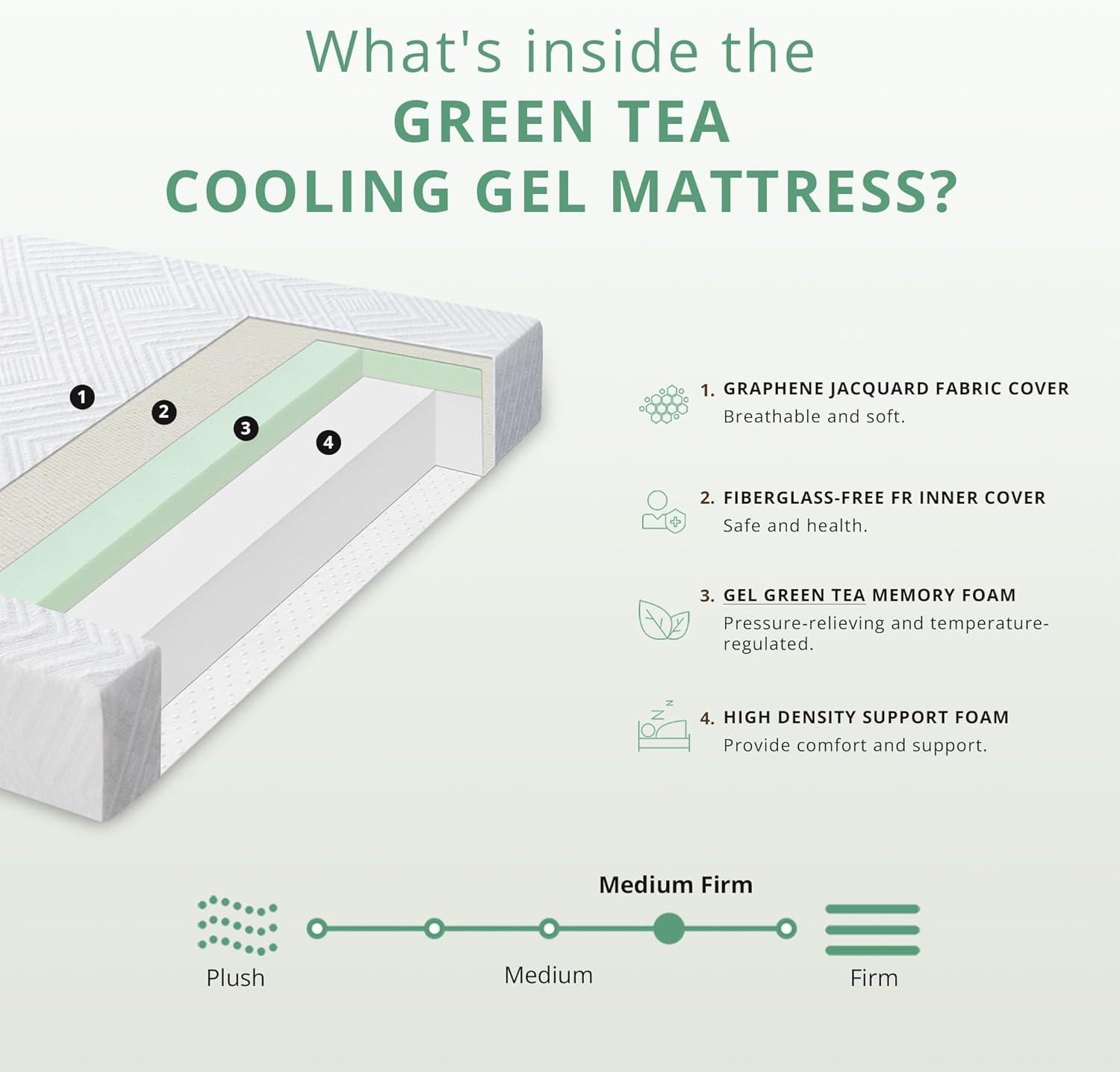 Twin Mattress - 6 Inch Green Tea Memory Foam Mattress- Twin Mattresses in a Box - CertiPUR-US Certified Fiberglass Free - Gel Layer - Medium Firm - 75" x 38"
