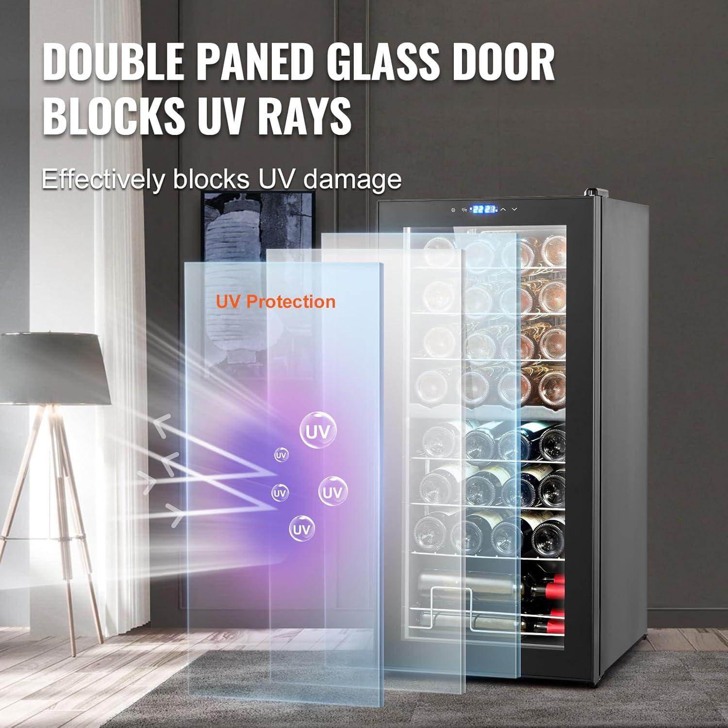 32-Bottle Black Dual Zone Freestanding Wine Cooler with Glass Door