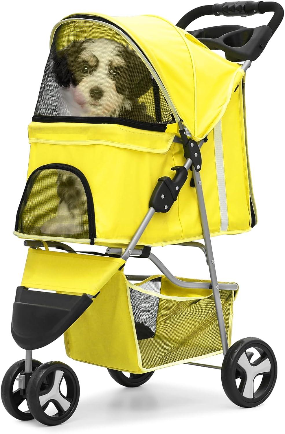 Magshion Pet Dog Stroller with 3 Wheels, Foldable Dog Stroller Carrier Cart with Storage Basket and Cup Holder for Small and Medium Dogs, Yellow