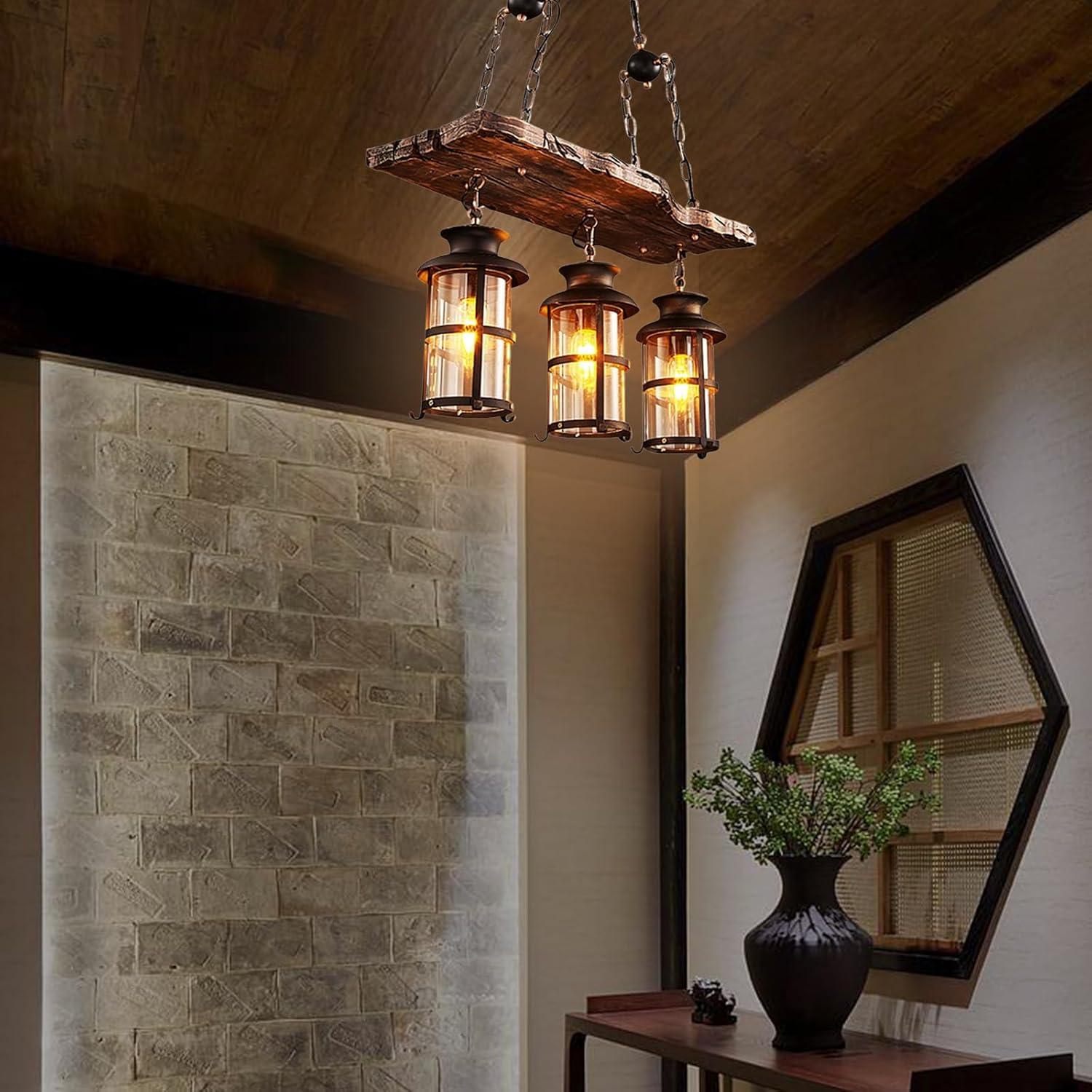 3-Light Rustic Kitchen Island Pendant Lamp Farmhouse Wood Iron Chandelier Industrial Ceiling Hanging Light with Glass Lampshade for Dining Living Room Restaurant Cafe Bar 39.4 x 27 in E26/E27 Base