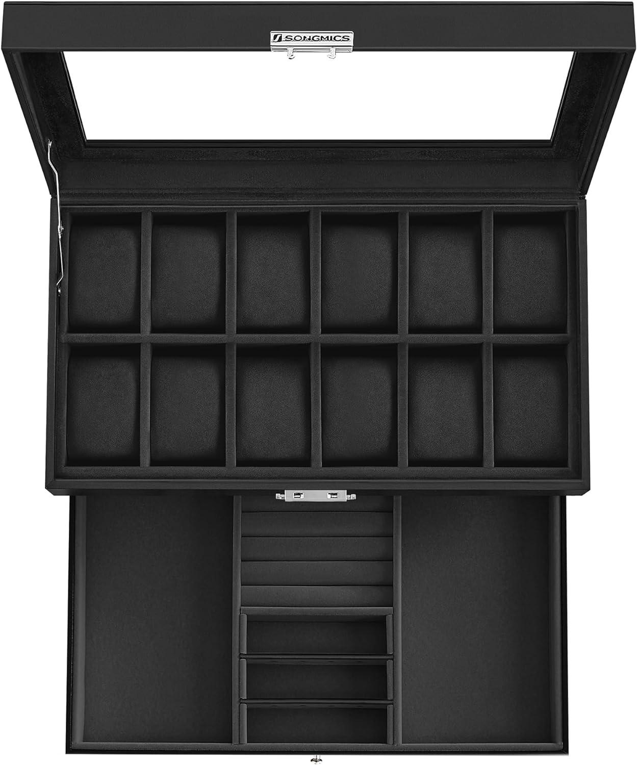 SONGMICS 12-Slot Watch Box, Lockable Watch Case with Glass Lid, 2 Layers, with 1 Drawer for Rings, Bracelets, Gift Idea, Black Synthetic Leather, Black Lining UJWB012B03