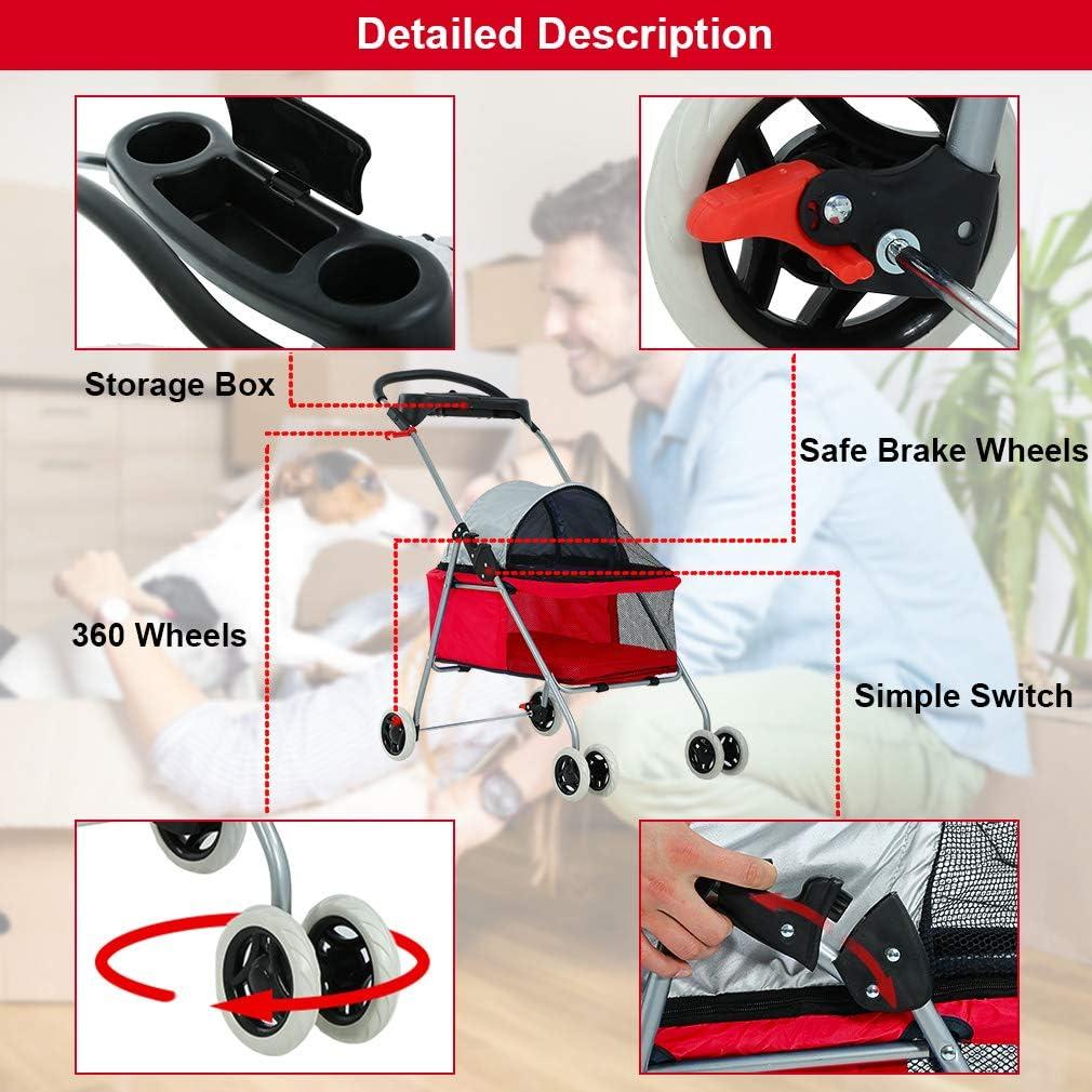 Red Aluminum 4-Wheel Folding Pet Stroller with Cup Holder