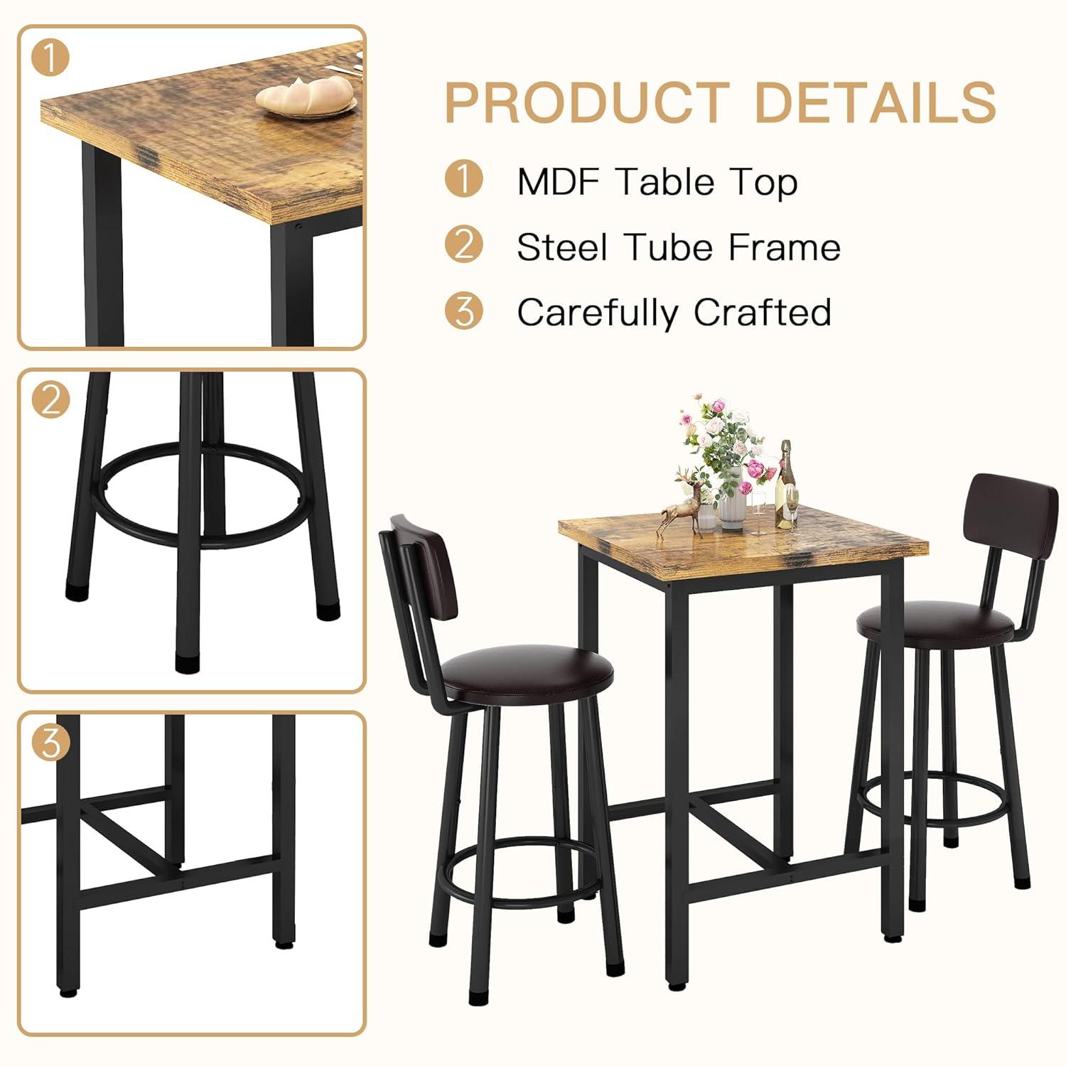TiaGOC 3 Piece Pub Dining Set, Modern bar Table and Stools for 2 Kitchen Counter Height Wood Top Bistro Easy Assemble for Breakfast Nook Living Room Small Space Restaurant, Rustic Brown 24”