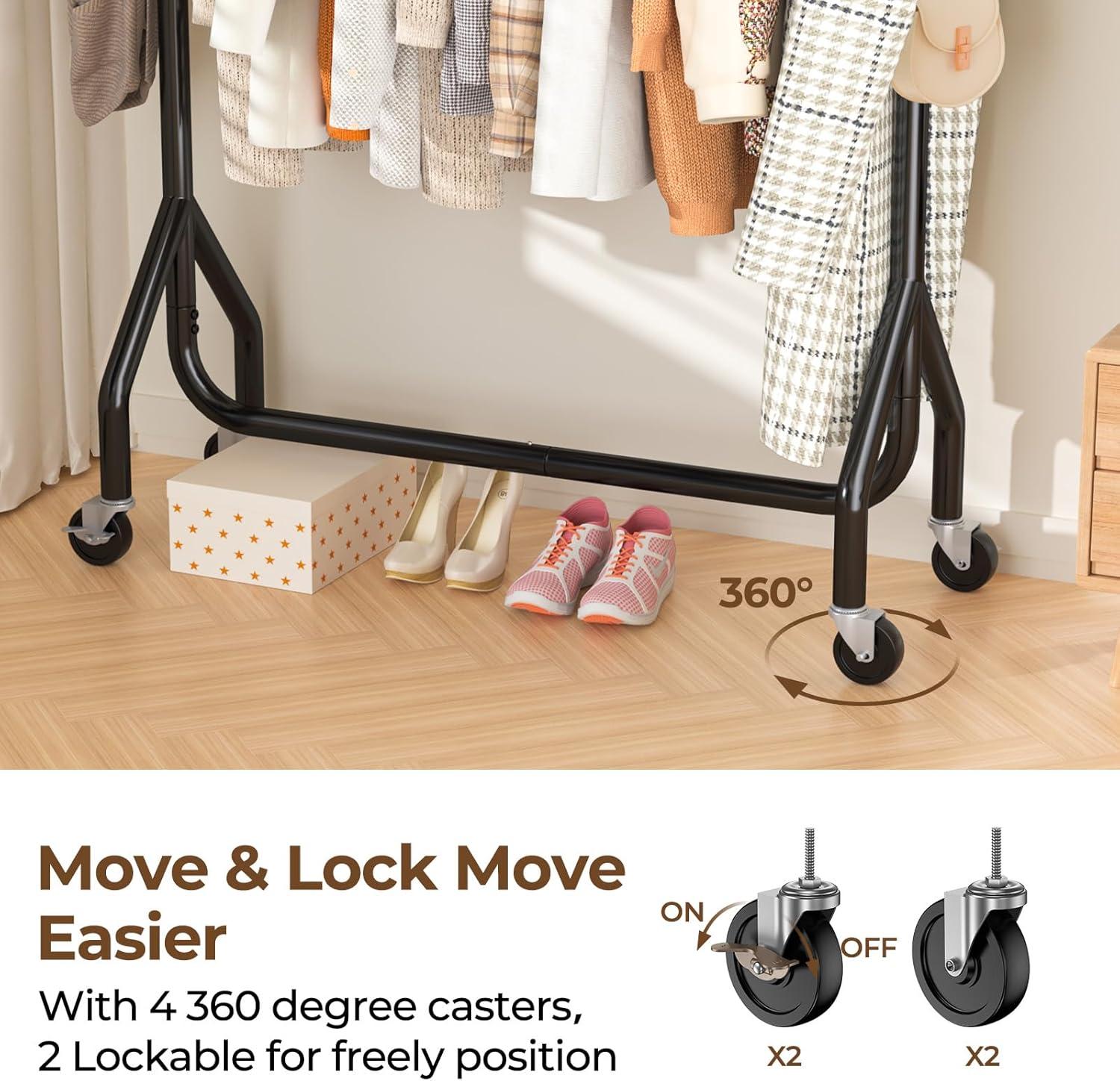 Black Heavy Duty Portable Rolling Clothes Rack with 48-Inch Metal Frame