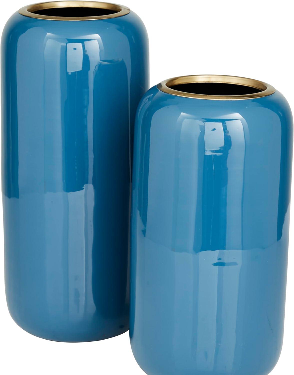 Blue Solid Polished Metal Round Vase Set of 2 - Modern Indoor Decor