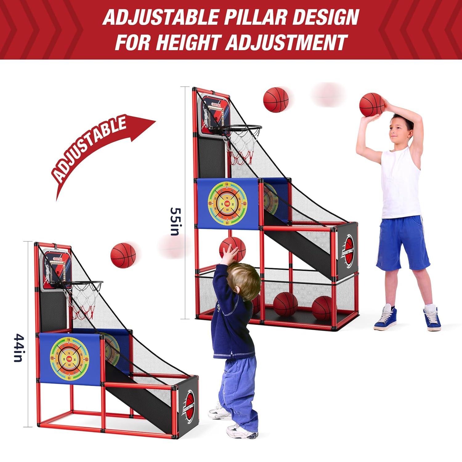 Basketball Arcade Game Indoor Outdoor, Kids Basketball Hoop with 4 Balls & Pump, Single Shot Basketball Game at Home, Carnival Games Sport Toys Gifts for Boys Girls Teens