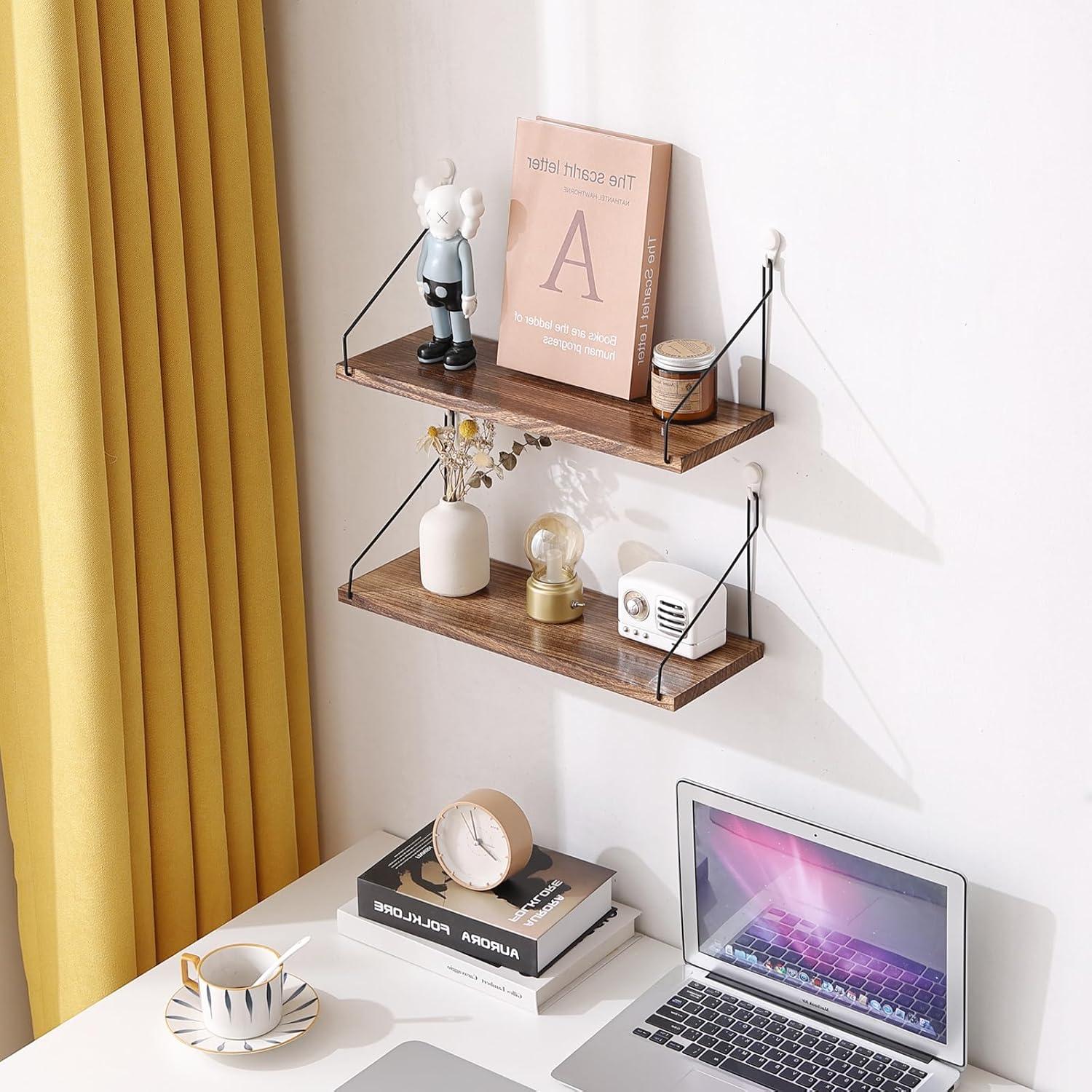 Rustic Brown Wood Floating Wall Shelves with Black Metal Brackets