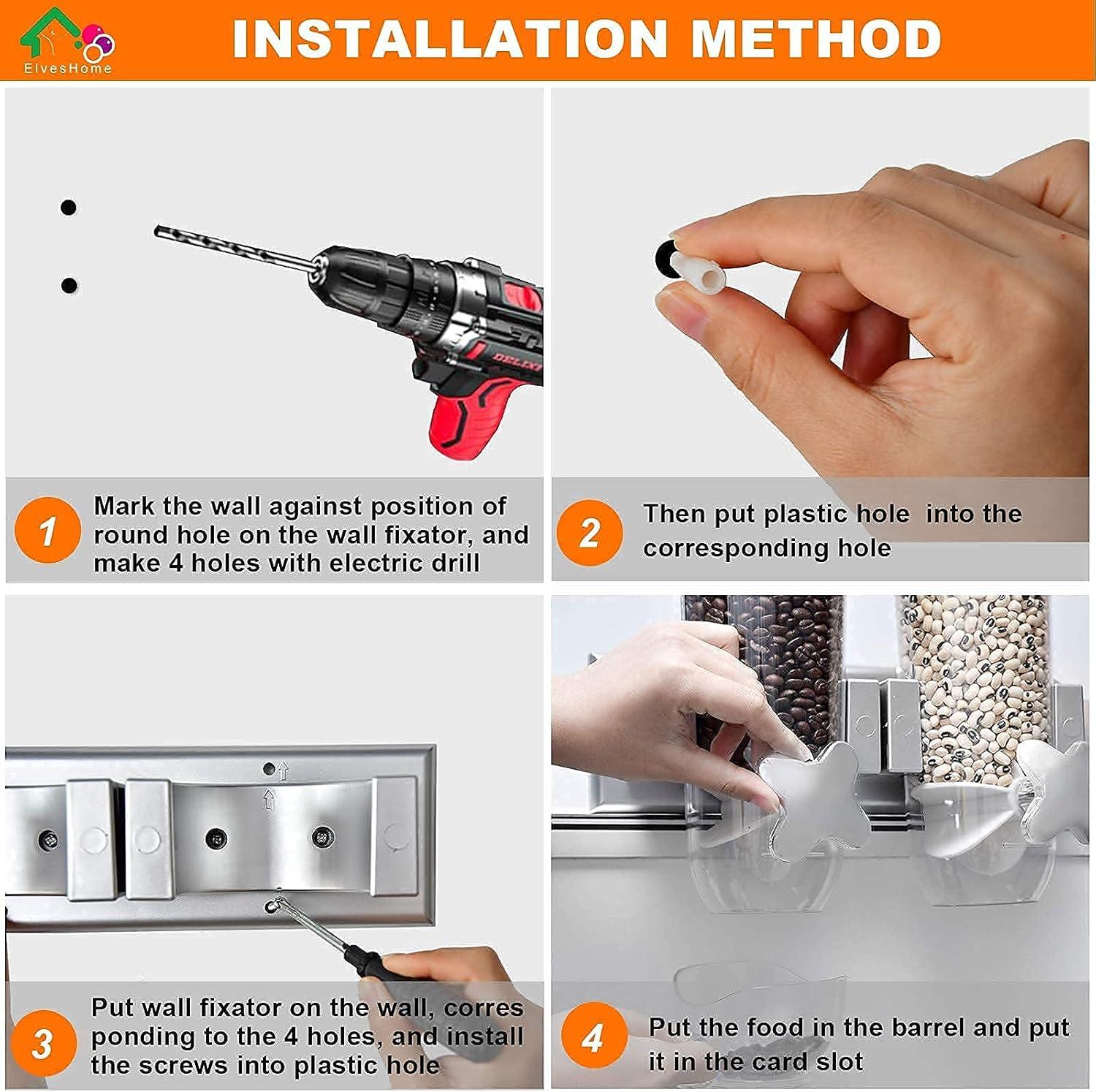 Cereal Dispenser Wall Mounted, Large Dry Food Dispenser with Cup, Grains Dispenser Wall Mounted, Candy Dispenser Wall Mount for Store Food Coffee Beans Nuts Snacks, Kitchen Cereal Storage Container 3L