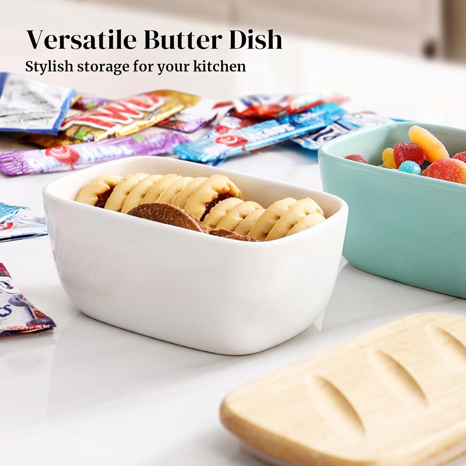 White Ceramic Butter Dish with Acacia Wood Lid