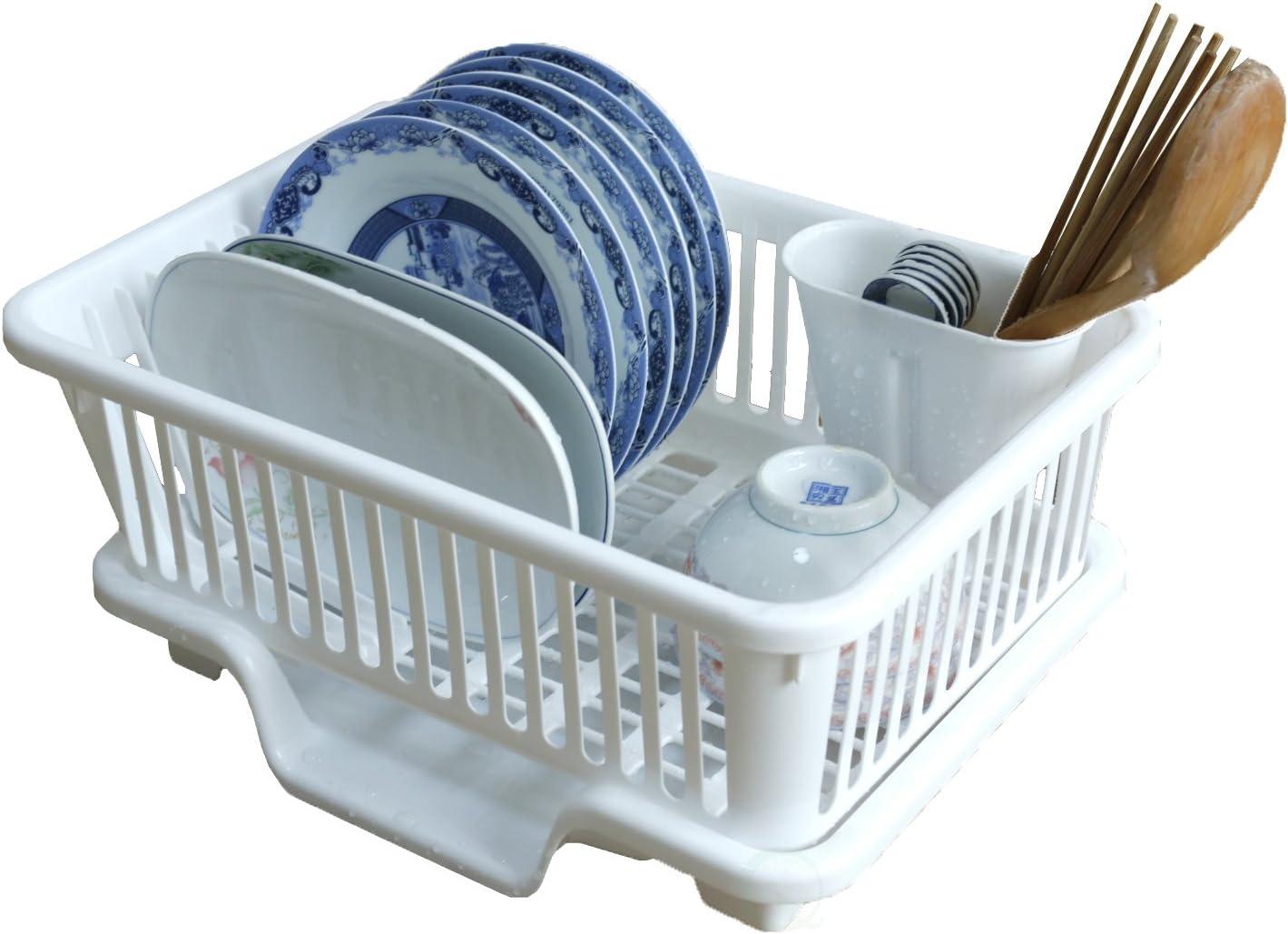 Basicwise Heavy Duty 2-Piece Plastic Dish Drying Rack Set in White - Includes Large Dish Drainer, Attached Drainboard, and Utensil Cup Holders for Home Kitchen Countertop Organization