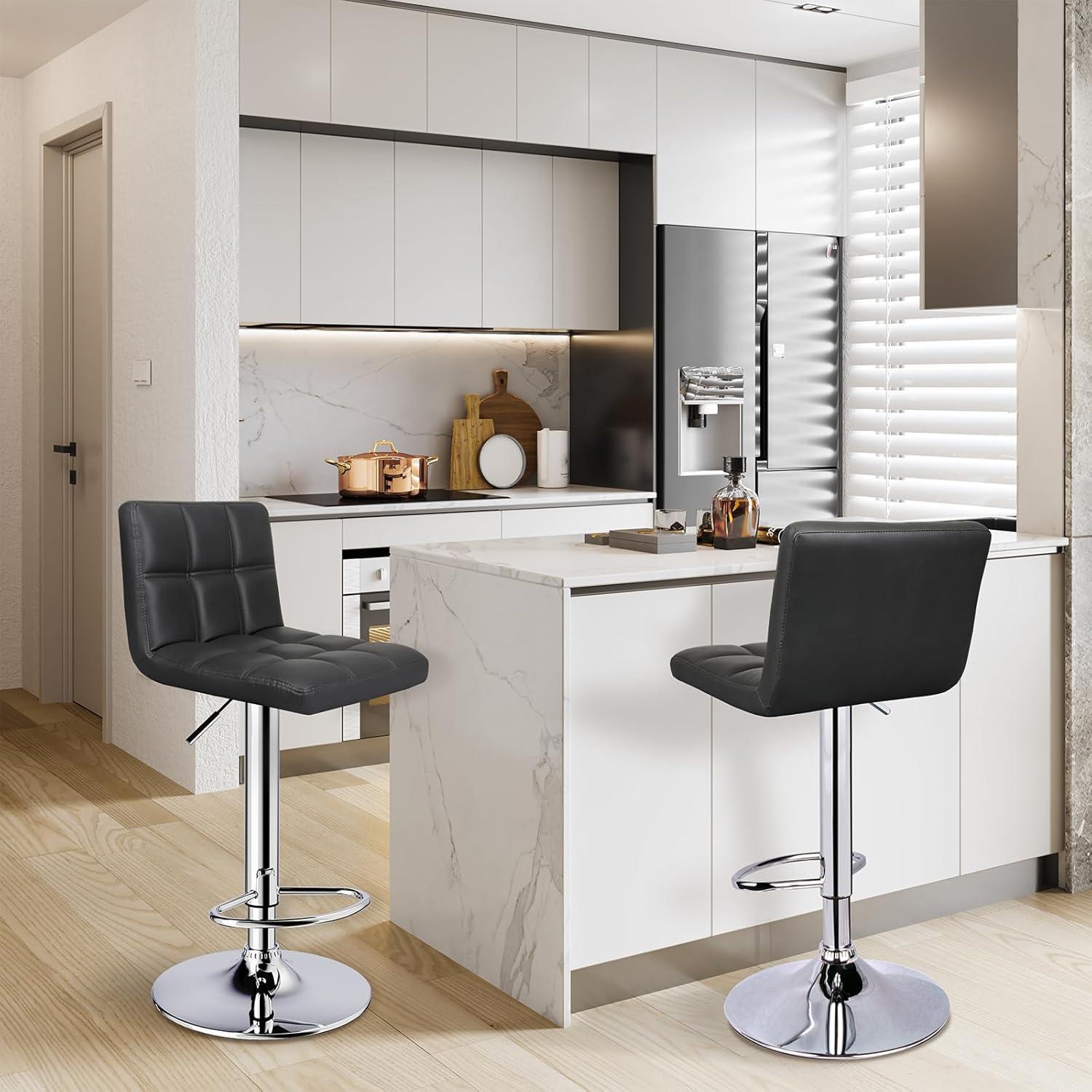 Barstools Set of 2 Counter Height Bar Stools Height Adjustable Back PU Leather Swivel Stools Hydraulic Swivel Dining Chairs for Kitchen Bar Restaurant Living Room, Black